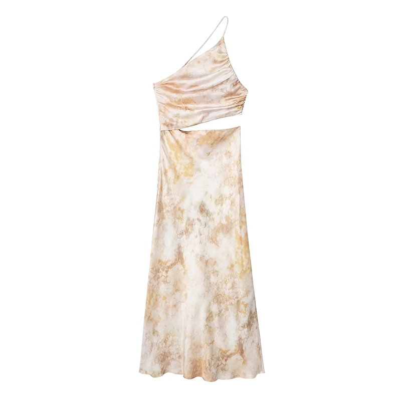 Fashion Printing Silk-satin Printed One-shoulder Cutout Dress,Long Dress