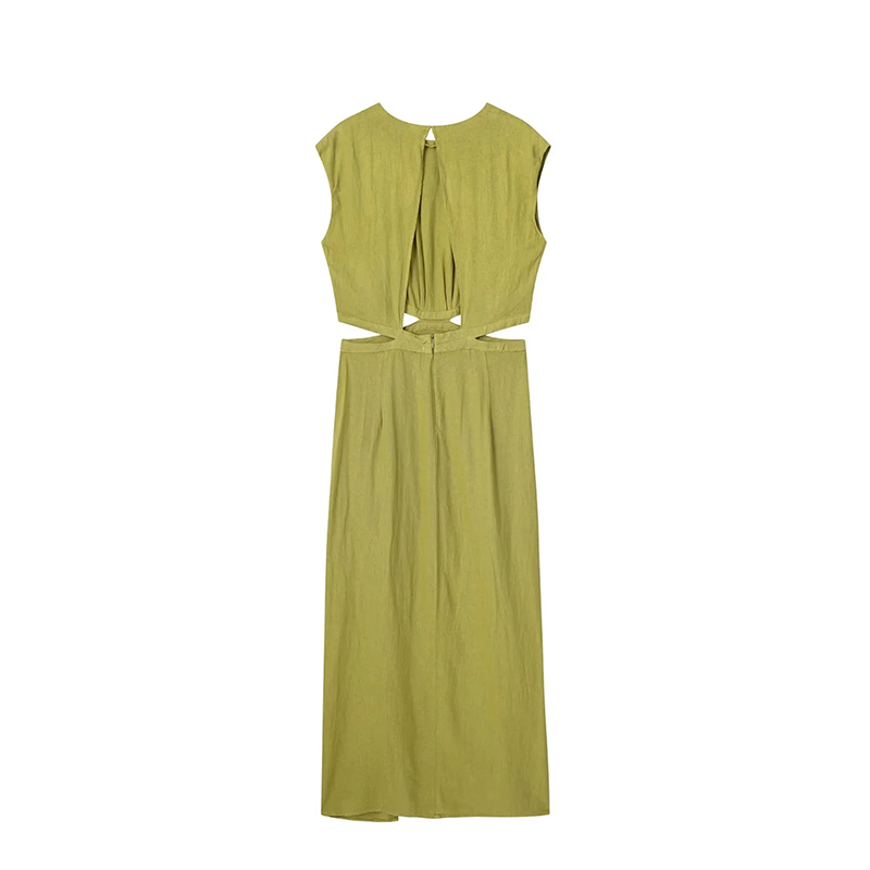 Fashion Green Cotton Linen Round Neck Hollow Slit Dress,Long Dress