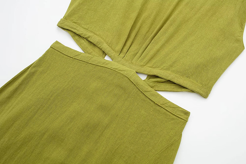 Fashion Green Cotton Linen Round Neck Hollow Slit Dress,Long Dress