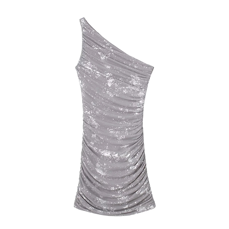 Fashion Printing Mesh-print One-shoulder Pleated Dress,Prom Dresses