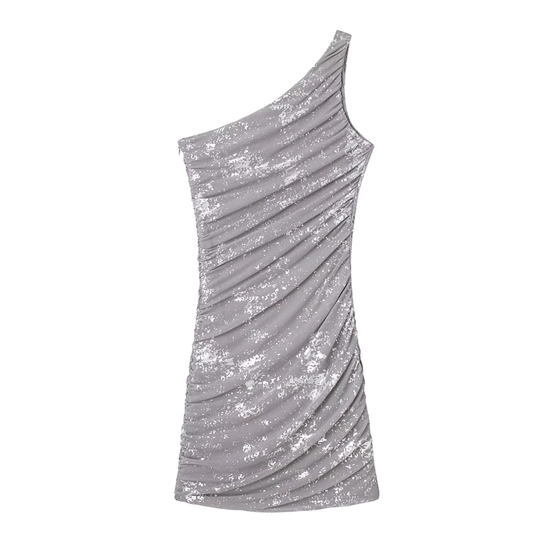 Fashion Printing Mesh-print One-shoulder Pleated Dress,Prom Dresses