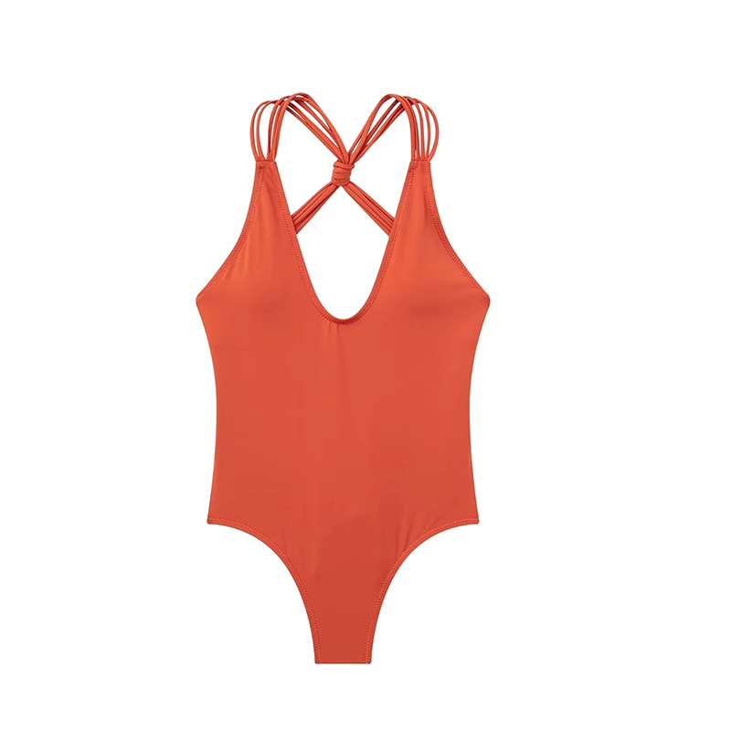 Fashion Orange Geometric Knot Sleeveless V-neck Swimsuit,One Pieces
