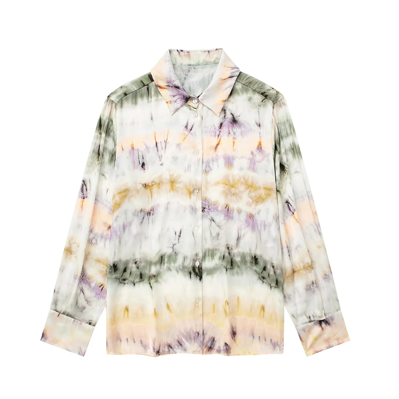 Fashion Tie-dye Blended Print Collar Button Up Shirt,Tank Tops & Camis