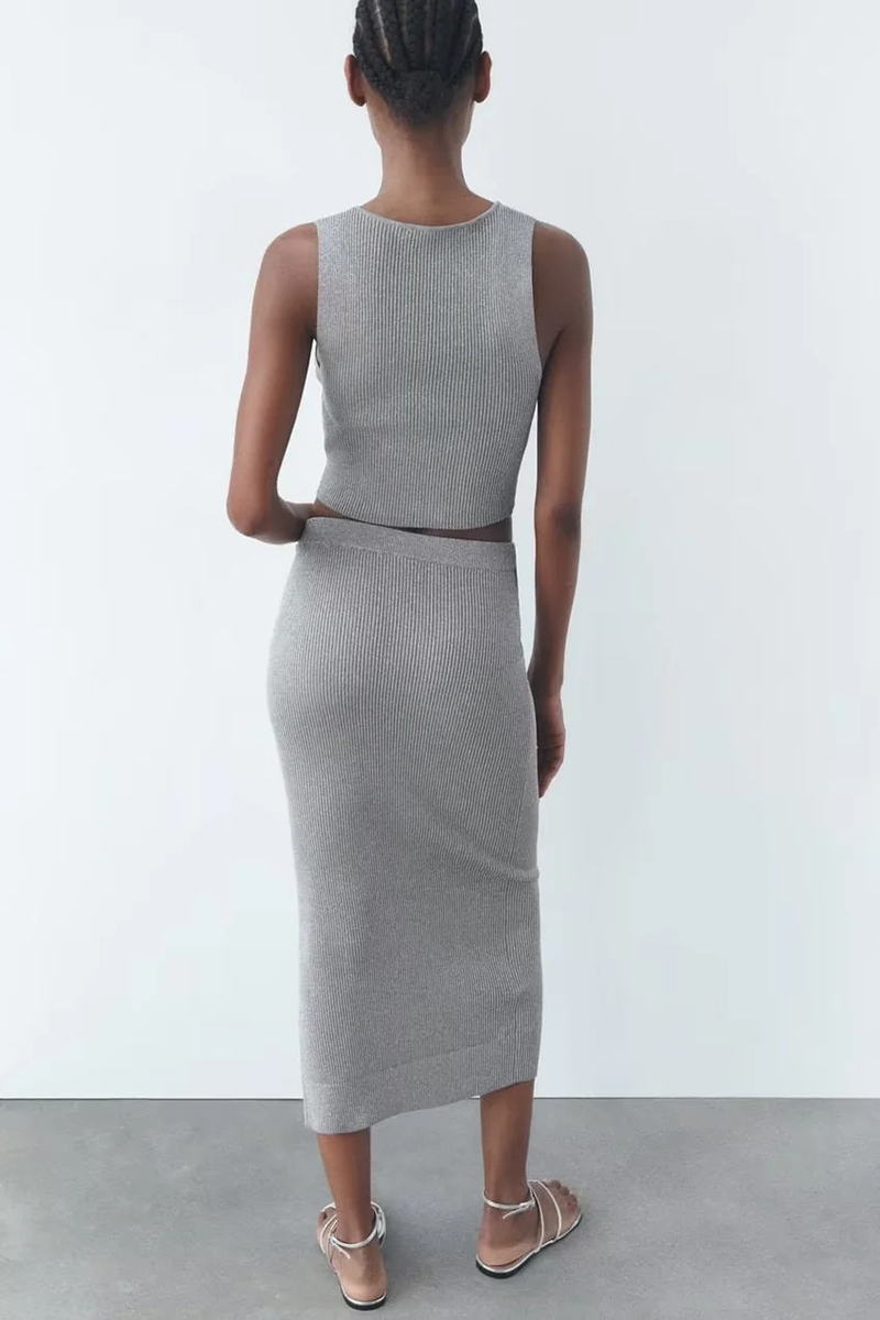Fashion Grey Metallic Thread Knit Skirt,Skirts