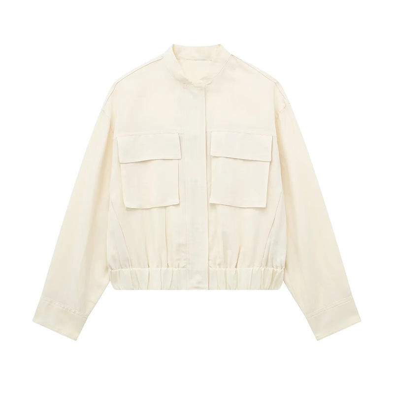 Fashion Beige Cotton Linen Stand Collar Jacket,Coat-Jacket