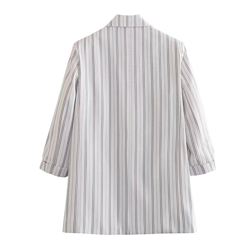 Fashion White Polyester Striped Pocket Blazer,Coat-Jacket
