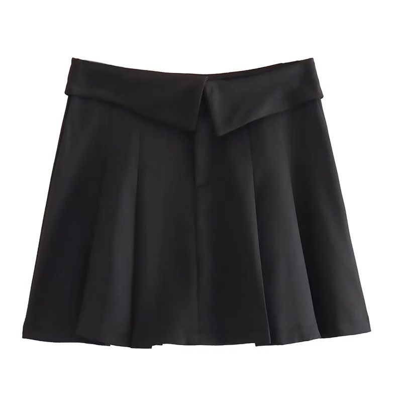 Fashion Black Turn-up Wide Pleated Skirt,Skirts