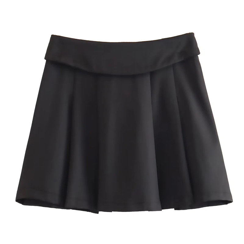 Fashion Black Turn-up Wide Pleated Skirt,Skirts