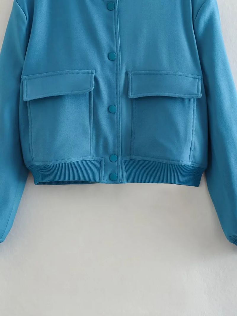 Fashion Royal Blue Polyester Stand Collar Button Down Jacket,Coat-Jacket