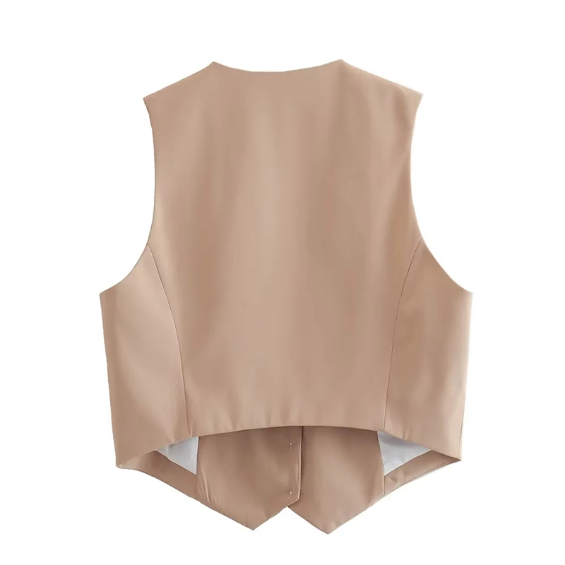 Fashion Khaki Polyester V-neck Button-up Vest,Coat-Jacket