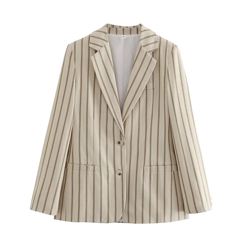 Fashion Khaki Polyester Striped Pocket Blazer,Coat-Jacket