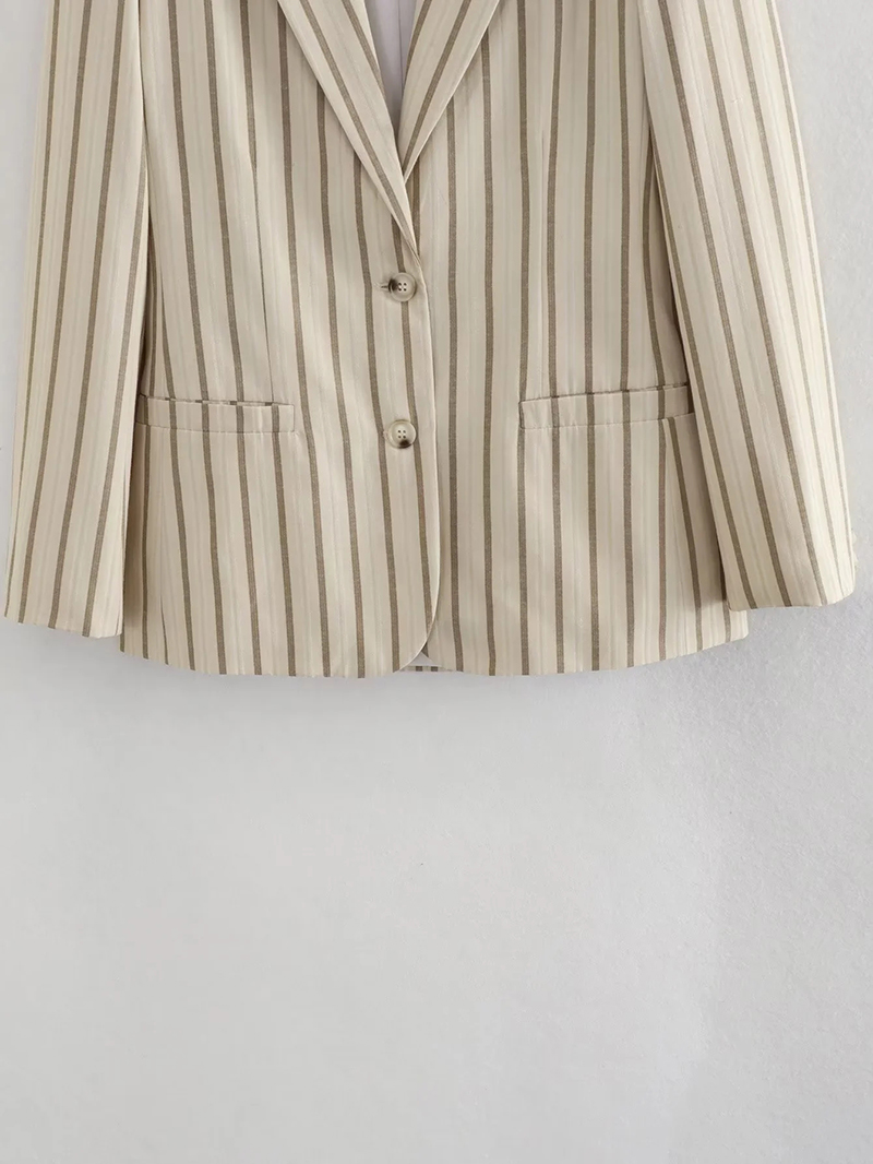 Fashion Khaki Polyester Striped Pocket Blazer,Coat-Jacket
