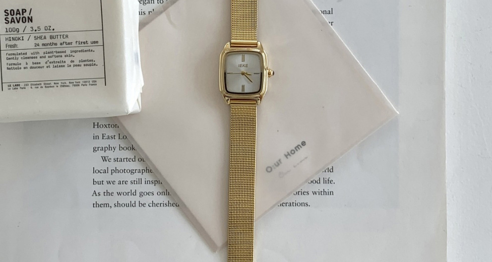 Fashion Gold Belt Gold Noodles Pu Square Dial Watch (with Battery),Ladies Watches