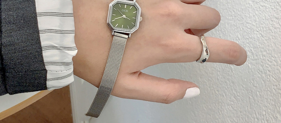 Fashion Silvery Green Stainless Steel Polygon Dial Watch (with Battery),Ladies Watches