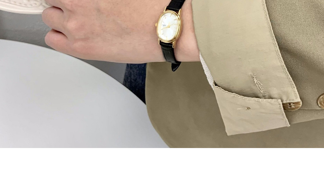 Fashion White Surface With Black Belt And Gold Frame Pu Oval Dial Watch (with Battery),Ladies Watches