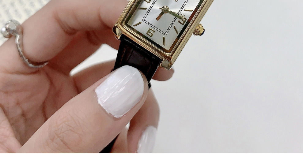 Fashion White Surface With Black Belt And Gold Frame Pu Rectangular Dial Watch (with Battery),Ladies Watches
