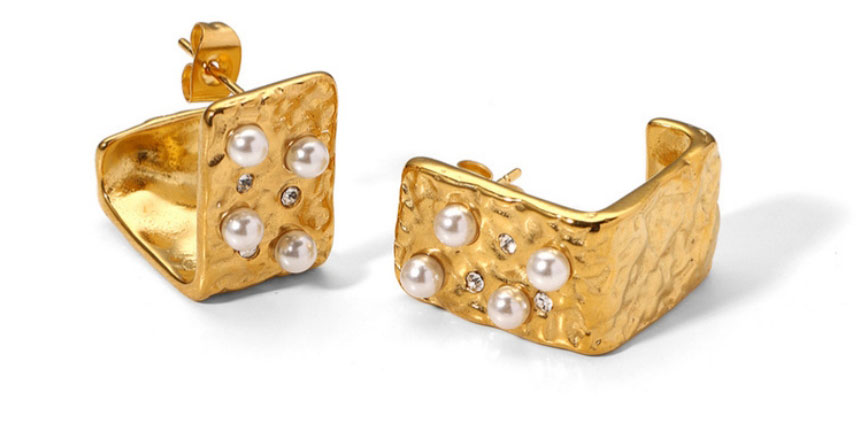 Fashion Gold Titanium Steel Pearl Square Stud Earrings,Earrings
