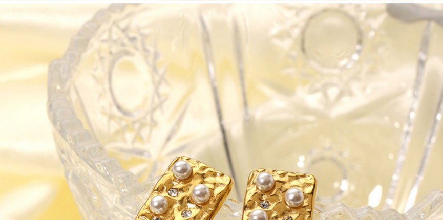 Fashion Gold Titanium Steel Pearl Square Stud Earrings,Earrings