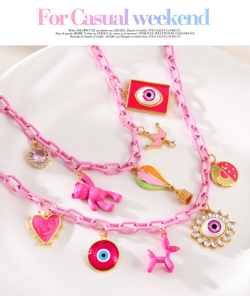 Fashion Pink Copper Paved Zircon Oil Drip Eye Balloon Dog Pendant Chunky Chain Necklace,Necklaces