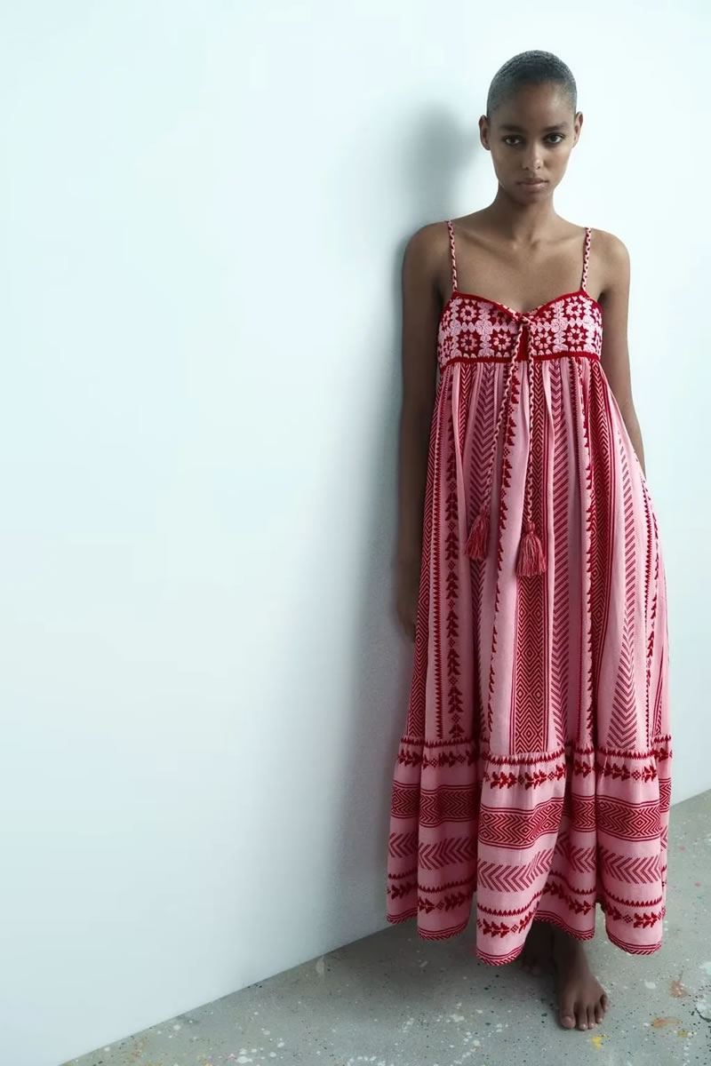 Fashion Rose Red Crochet-panel-knit Strappy Print Dress,Long Dress