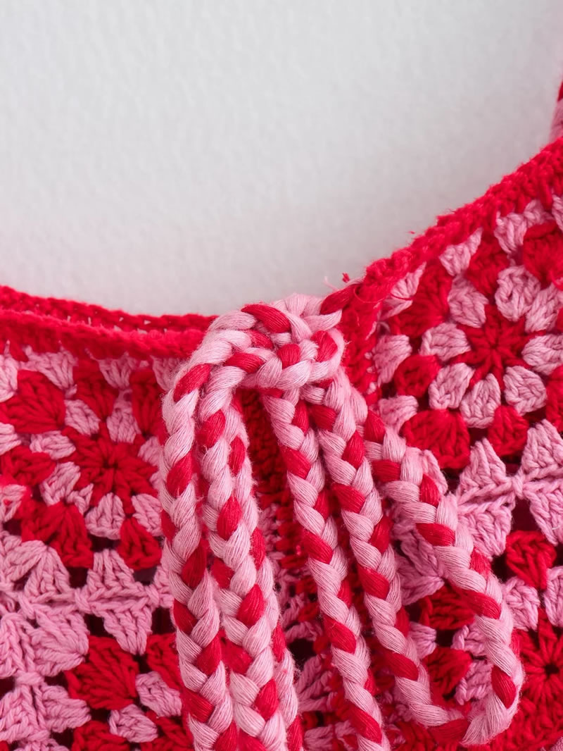 Fashion Rose Red Crochet-panel-knit Strappy Print Dress,Long Dress