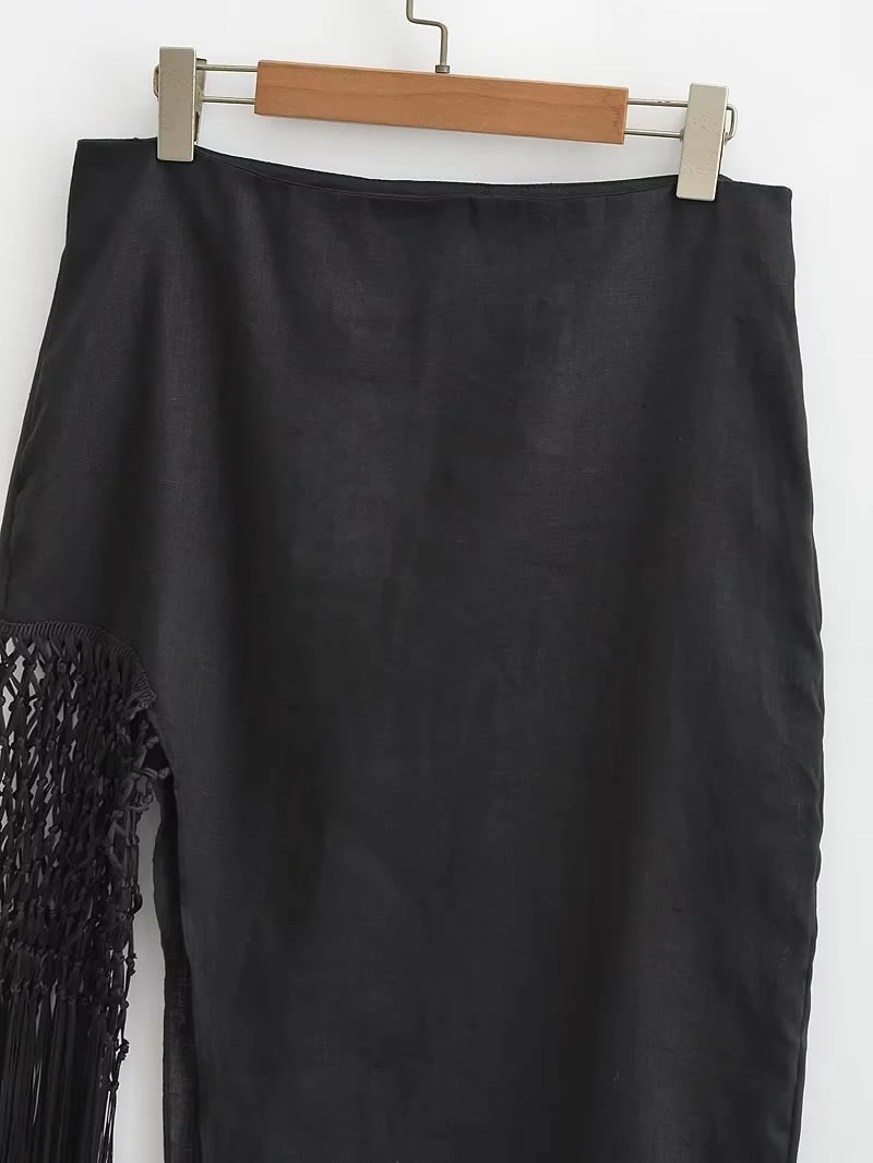Fashion Black Linen Tassel Slit Skirt,Skirts