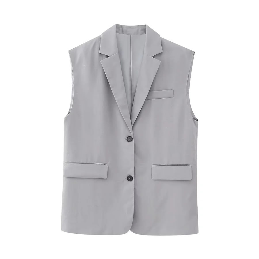 Fashion Grey Woven Lapel Button Breasted Pocket Vest Jacket,Coat-Jacket
