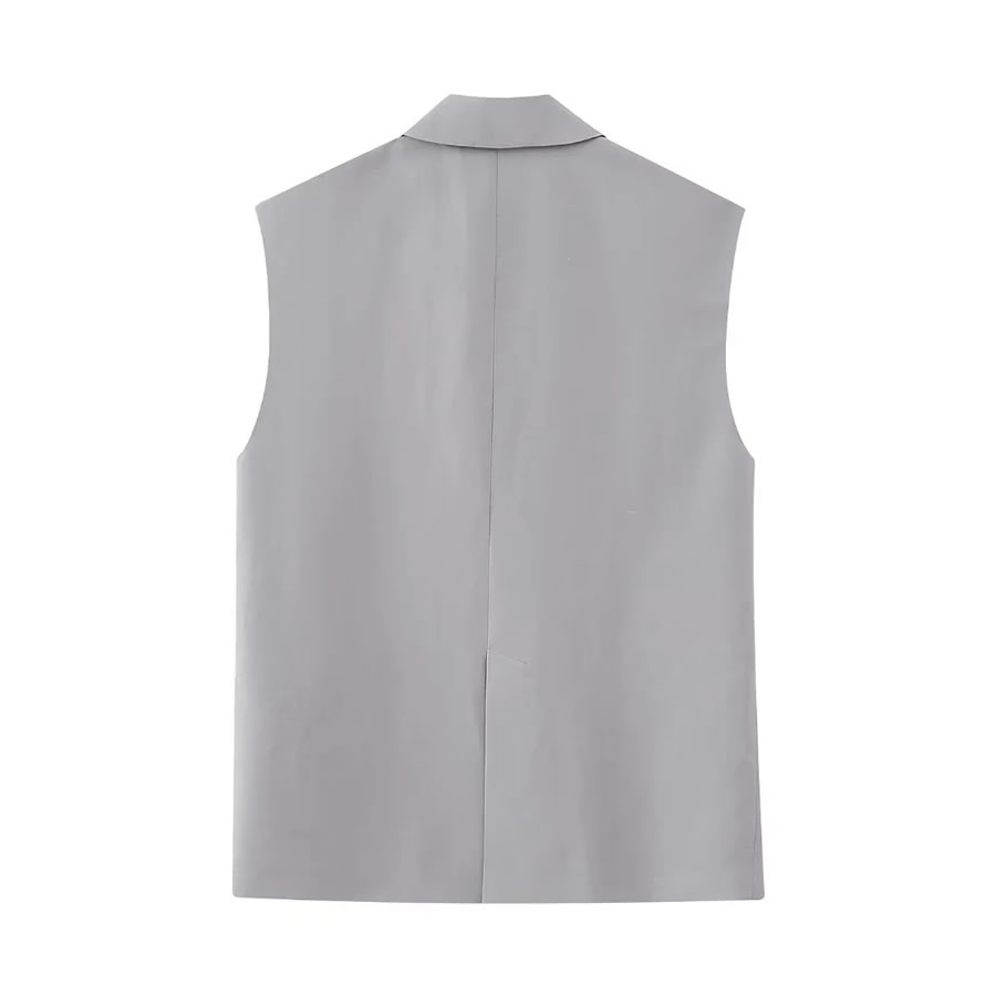 Fashion Grey Woven Lapel Button Breasted Pocket Vest Jacket,Coat-Jacket