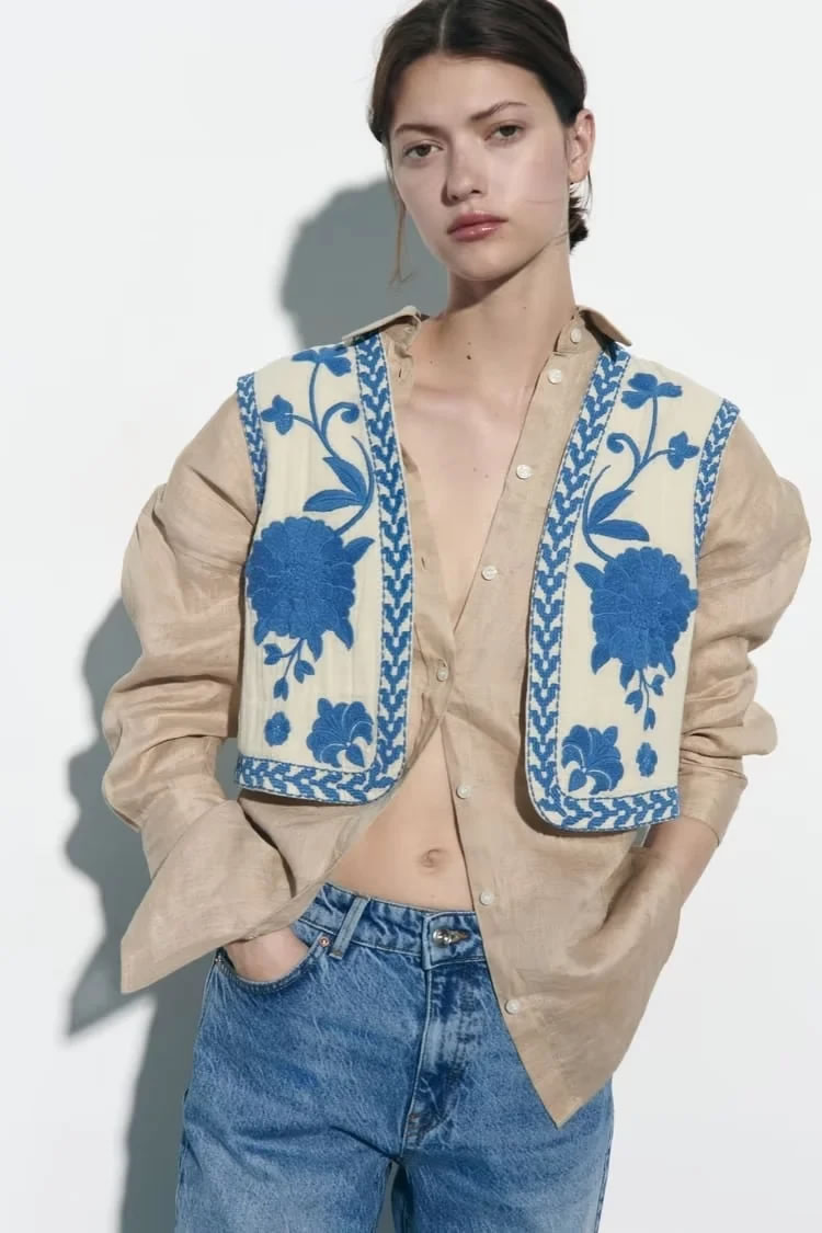 Fashion Khaki Woven Embroidered Vest,Coat-Jacket
