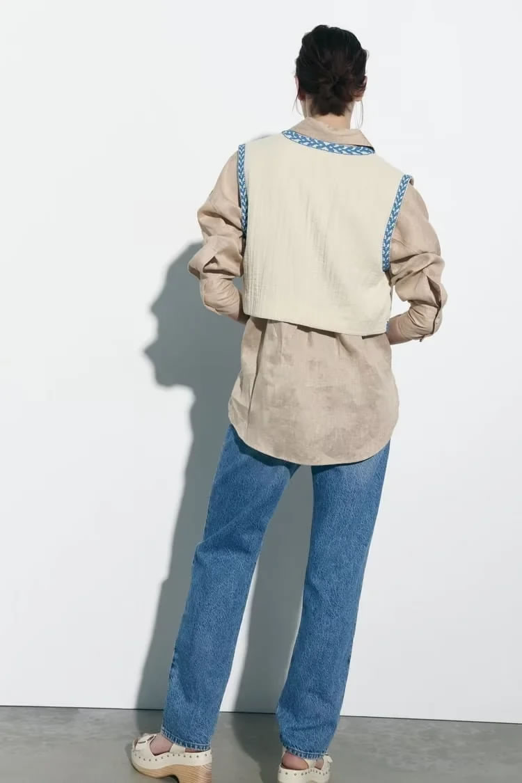 Fashion Khaki Woven Embroidered Vest,Coat-Jacket