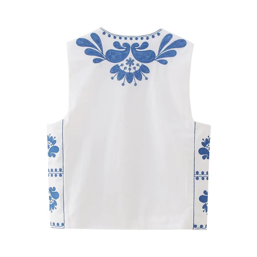 Fashion Blue And White Pattern Woven Contrast Embroidered Vest,Coat-Jacket