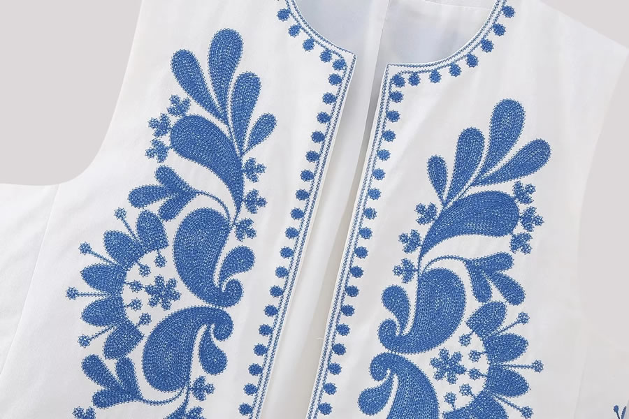 Fashion Blue And White Pattern Woven Contrast Embroidered Vest,Coat-Jacket
