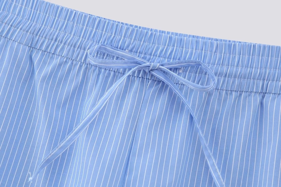 Fashion Blue Woven Stripe Lace-up Shorts,Shorts