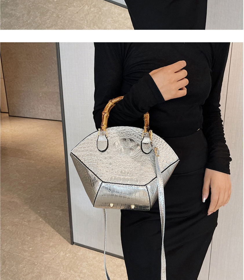 Fashion Off White Pu Crocodile Pattern Bamboo Handle Large Capacity Messenger Bag,Shoulder bags