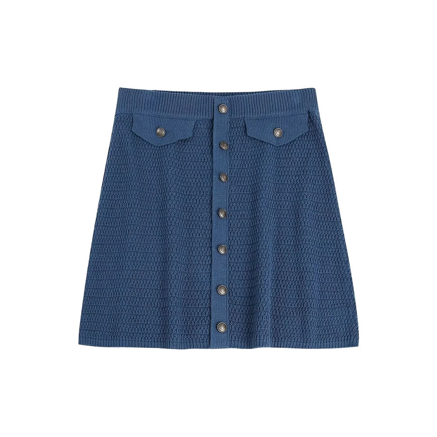 Fashion Navy Blue Knitted Button-breasted Skirt,Skirts