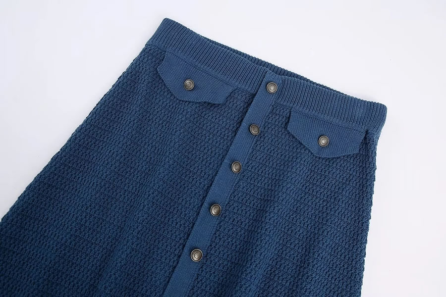 Fashion Navy Blue Knitted Button-breasted Skirt,Skirts