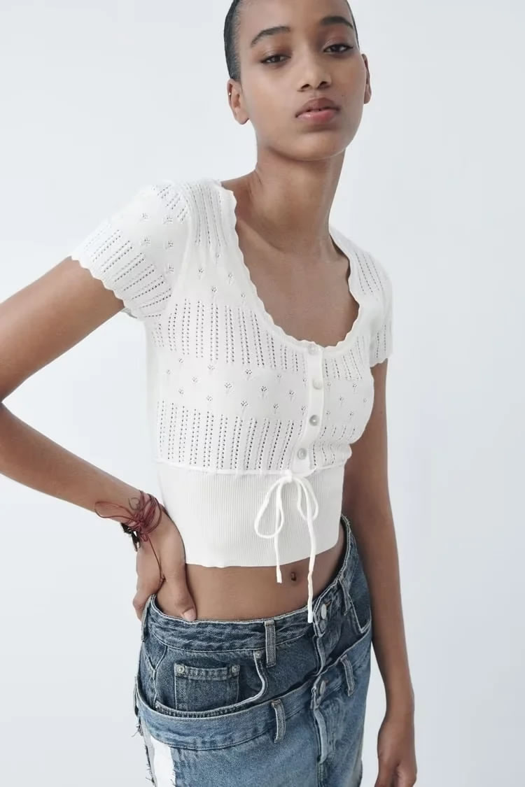 Fashion White Cotton Jacquard And Mesh-knit Top,Tank Tops & Camis