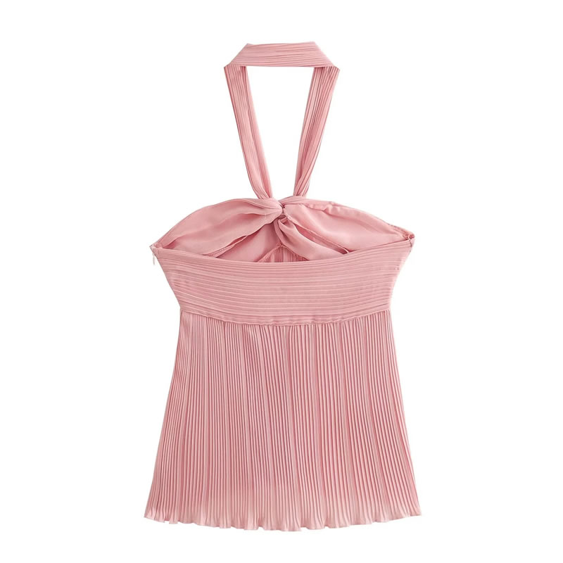 Fashion Pink Pleated Knotted Halter Top,Tank Tops & Camis