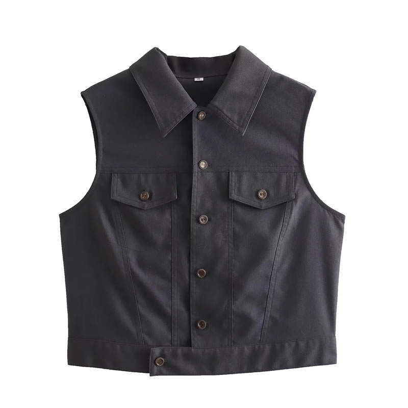 Fashion Black Woven Lapel Button Breasted Vest Jacket,Coat-Jacket