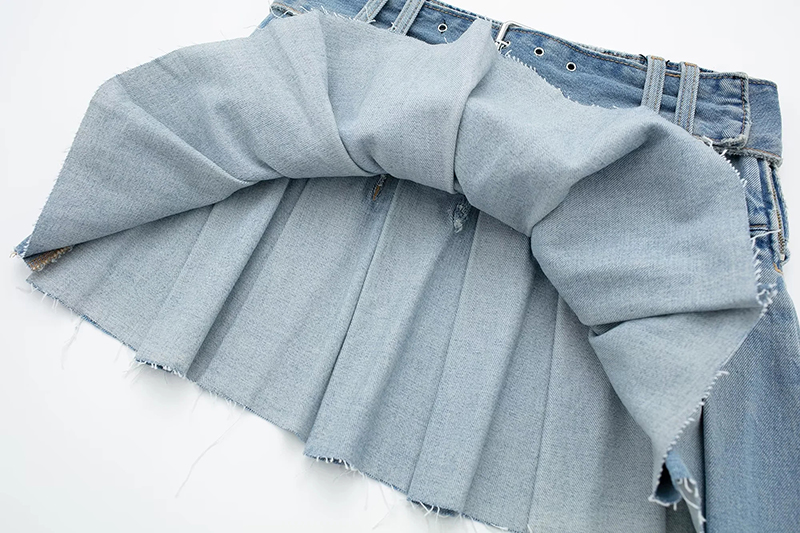 Fashion Blue Denim Wide Pleated Skirt,Skirts