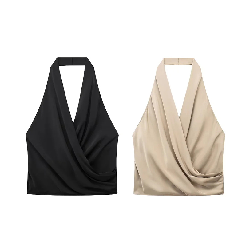 Fashion Khaki Silk-satin Halterneck Pleated Top,Tank Tops & Camis