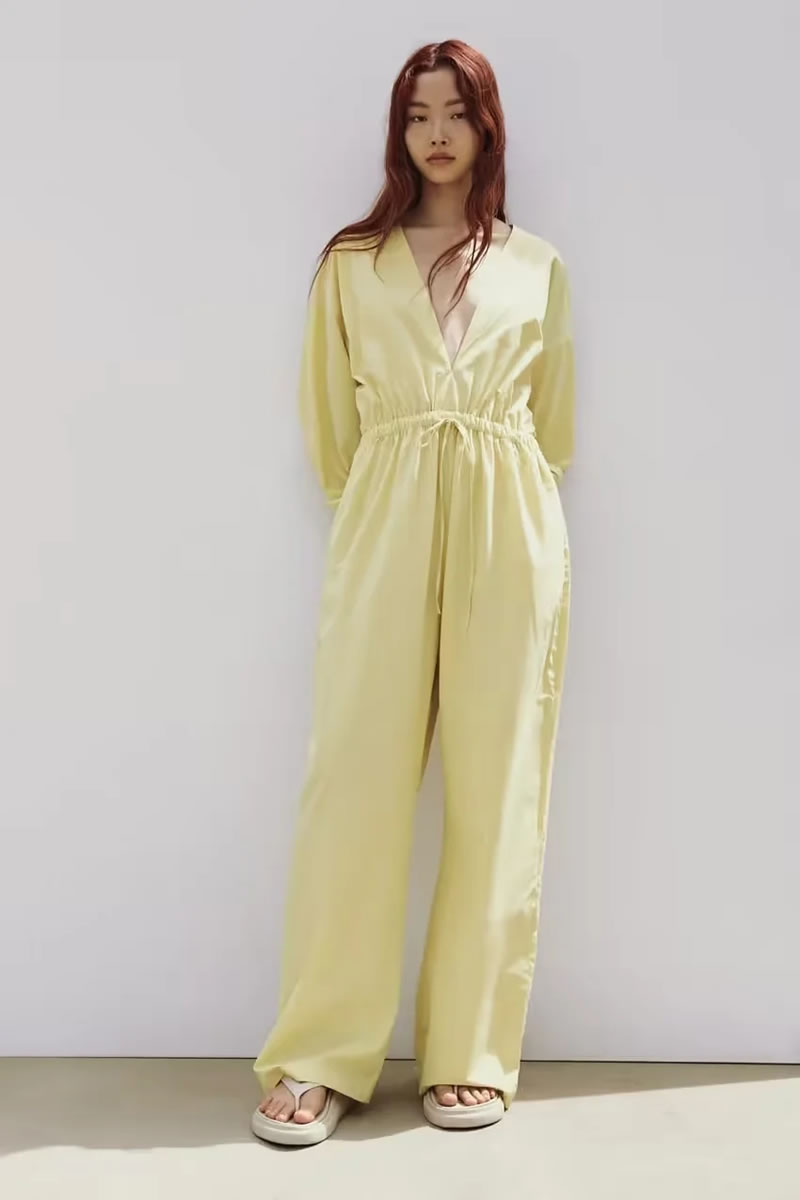 Fashion Yellow Polyester V Neck Tie Jumpsuit,Tank Tops & Camis