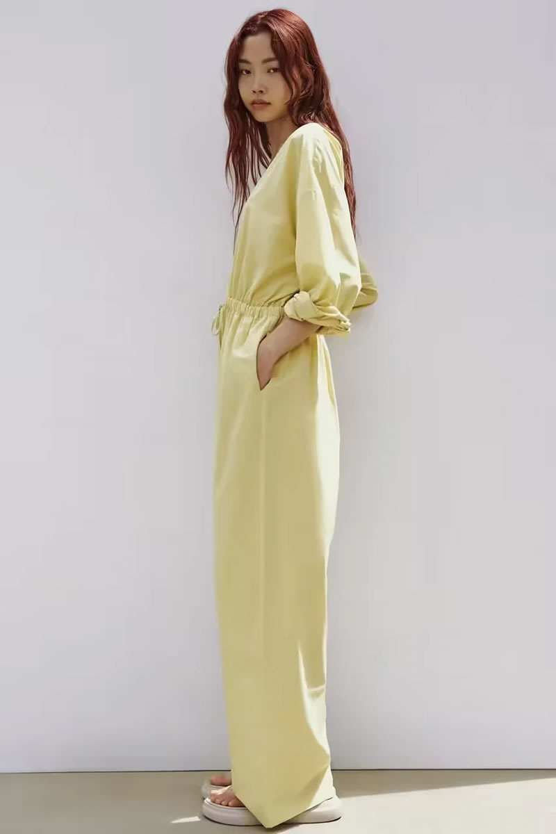 Fashion Yellow Polyester V Neck Tie Jumpsuit,Tank Tops & Camis