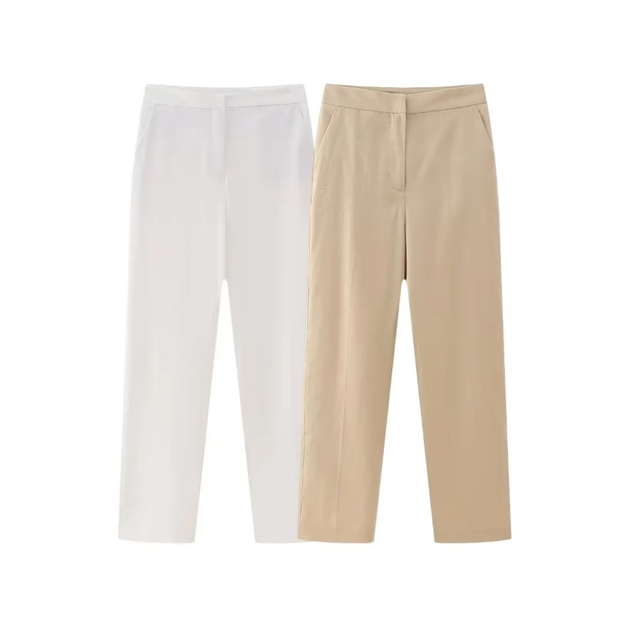 Fashion White Woven Straight-leg Trousers,Pants