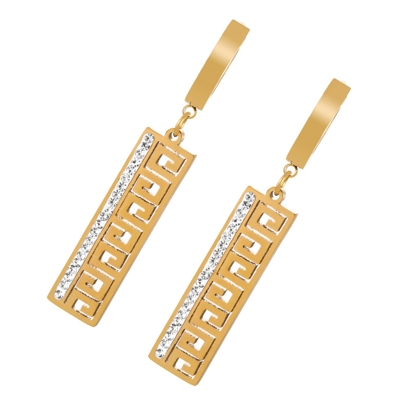 Fashion Gold Titanium Steel Inlaid Zirconium Hollow Rectangle Hoop Earrings,Earrings