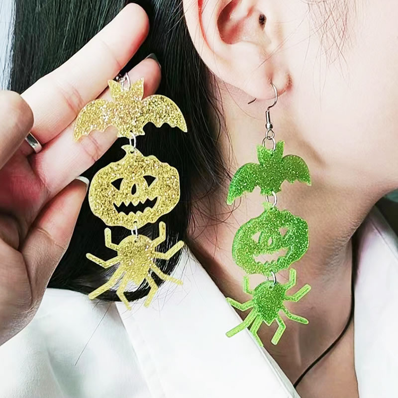 Fashion Dark Green Acrylic Bat Pumpkin Spider Earrings,Drop Earrings