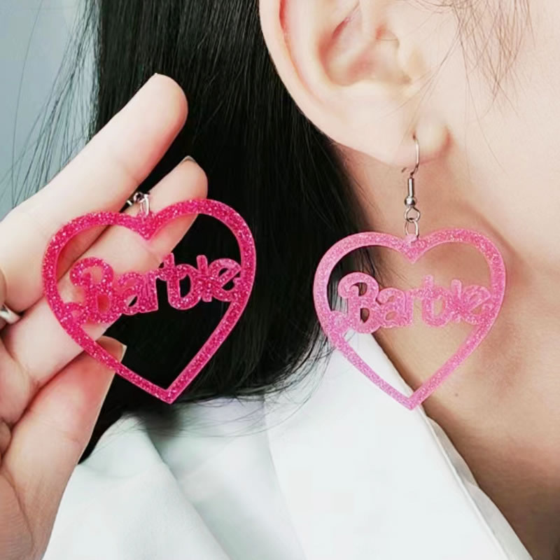 Fashion Shiny Light Pink Acrylic Glitter Heart Hollow Barbie Earrings,Drop Earrings