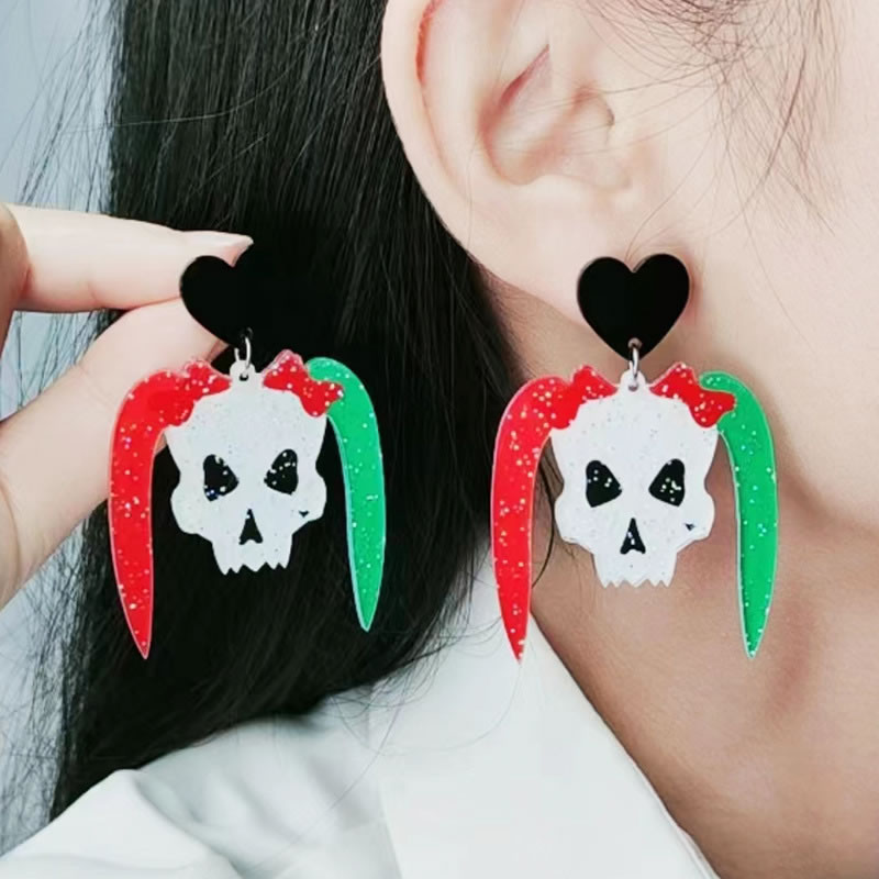 Fashion Double Ponytail Skull Acrylic Double Ponytail Skull Love Earrings,Drop Earrings