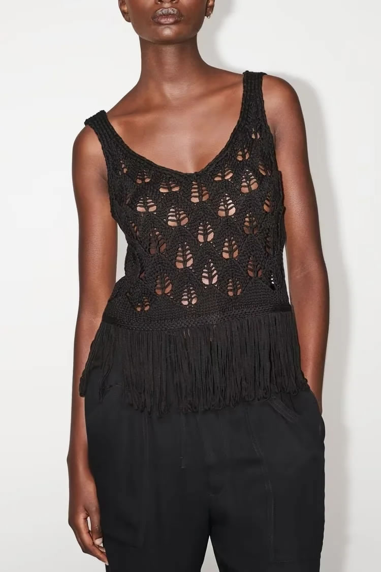 Fashion Black Fringed Knitted Top,Tank Tops & Camis