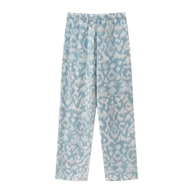 Fashion Blue Pattern Woven Printed Straight-leg Trousers,Pants